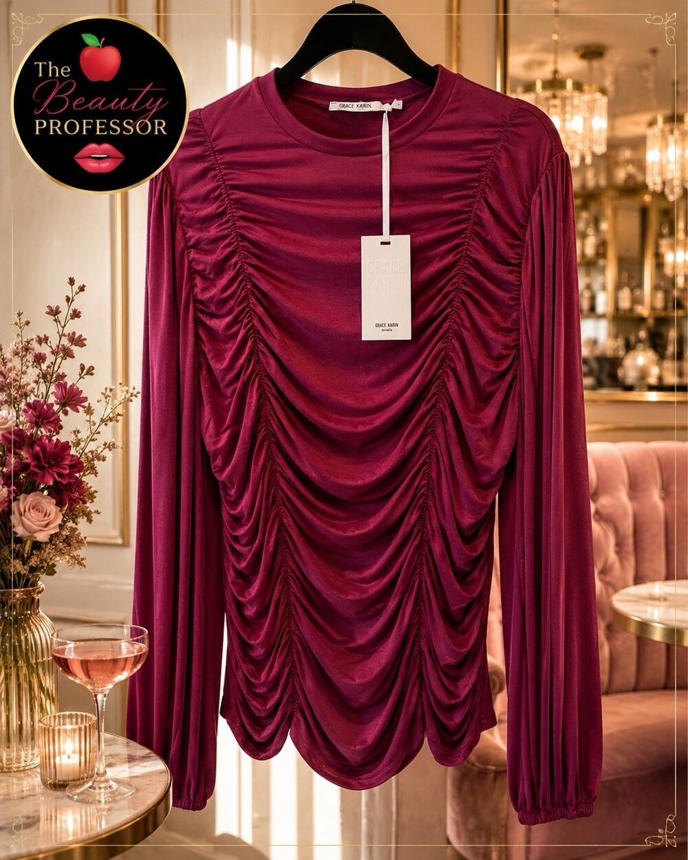 💞 Grace Karin XL Berry Ruched Long Sleeve Statement Top NWT